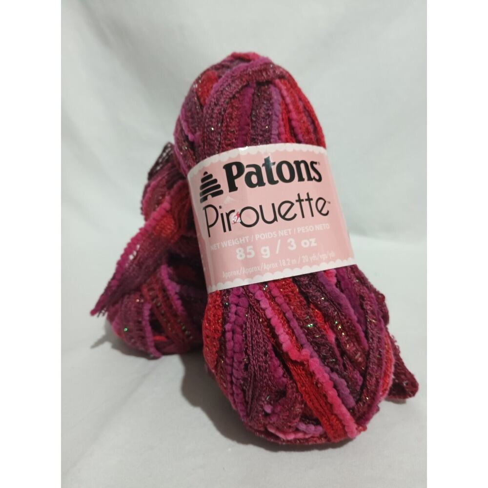Four Balls Patons Pirouette Deep Wine Shimmer Ribbon Ruffle Scarf Yarn